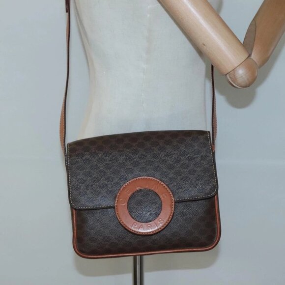 CELINE Macadam Canvas Shoulder Bag PVC Leather Brown Gold Auth - Picture 1 of 15